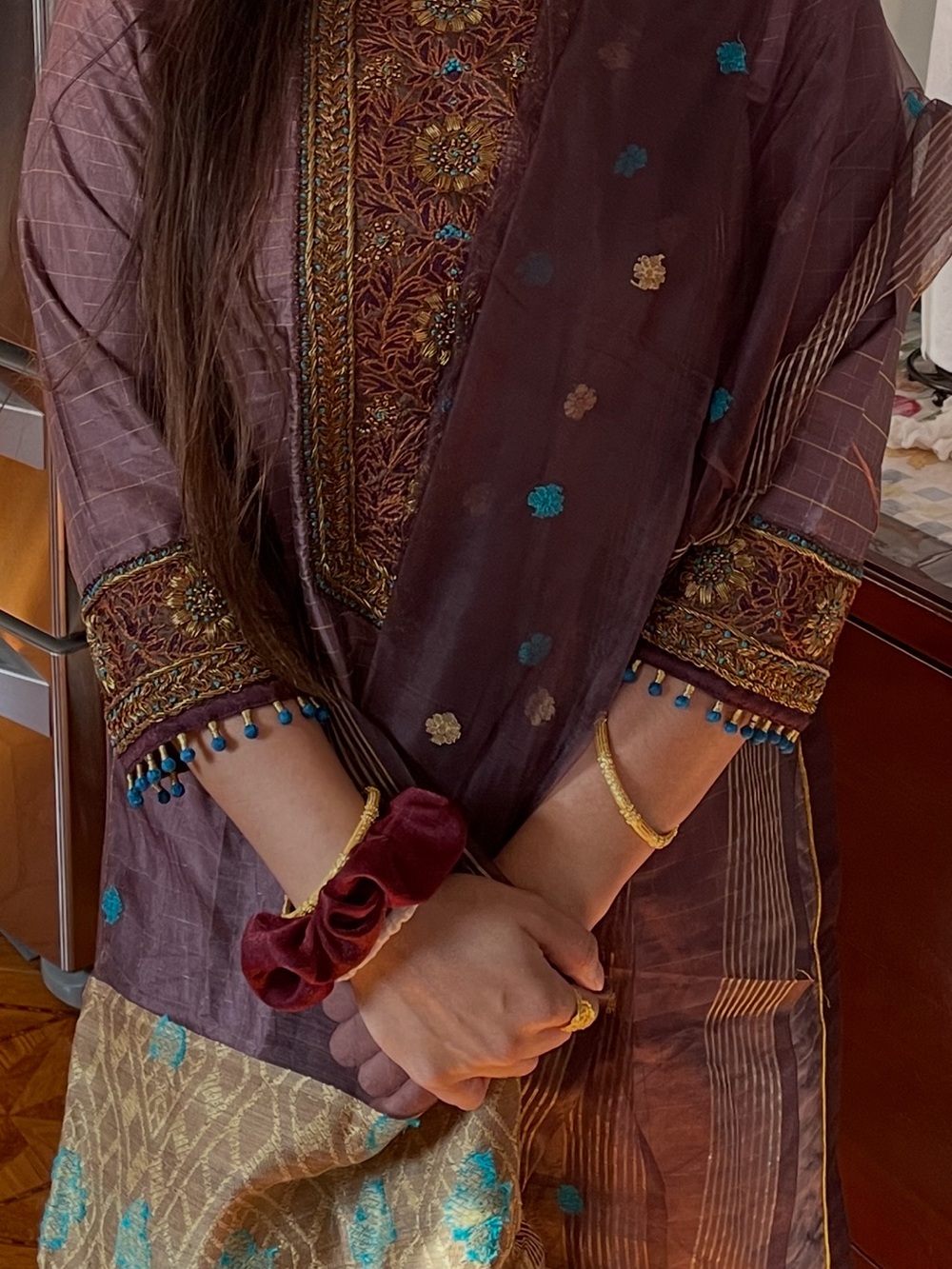 Elegant Maroon & Teal Embroidered Women Kurta
